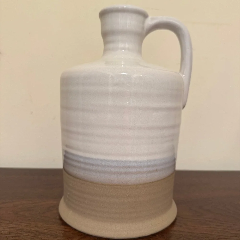 Vintage Two Tone Stoneware Pottery Jug Cream and Tan Glazed Farmhouse Pitcher